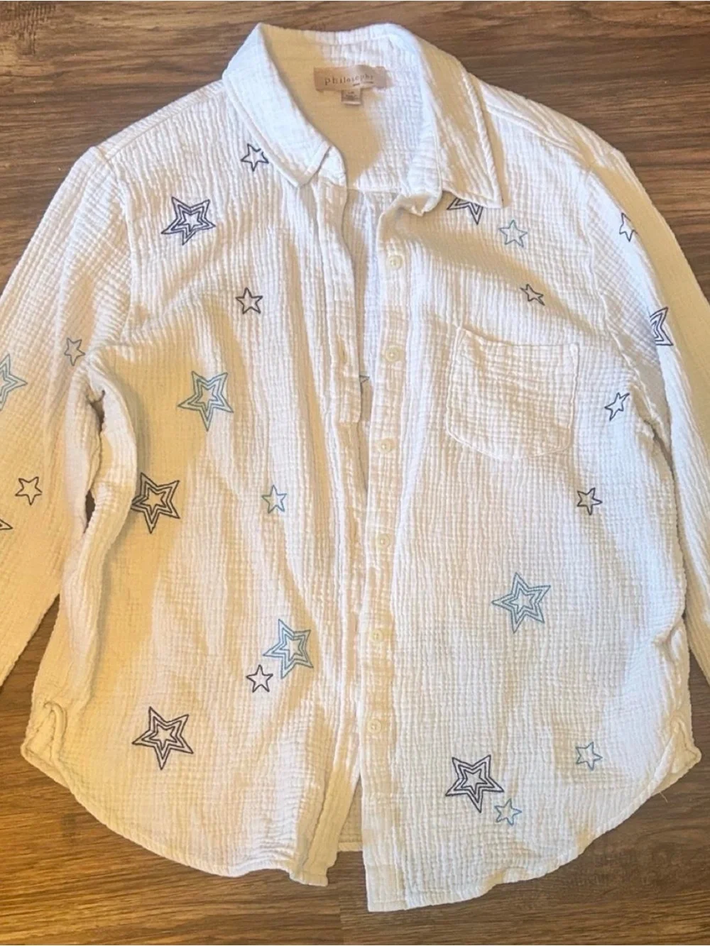 Philosophy White Button-Down Shirt with Blue Star Embroidery